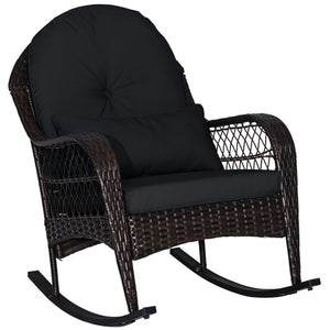 Patio Rattan Rocking Chair with Seat Back Cushions and Waist Pillow-Black