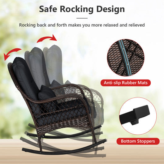 Patio Rattan Rocking Chair with Seat Back Cushions and Waist Pillow-Black