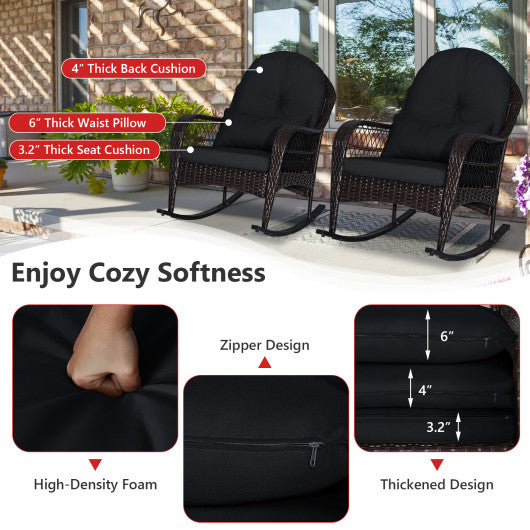 Patio Rattan Rocking Chair with Seat Back Cushions and Waist Pillow-Black