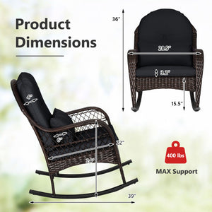 Patio Rattan Rocking Chair with Seat Back Cushions and Waist Pillow-Black