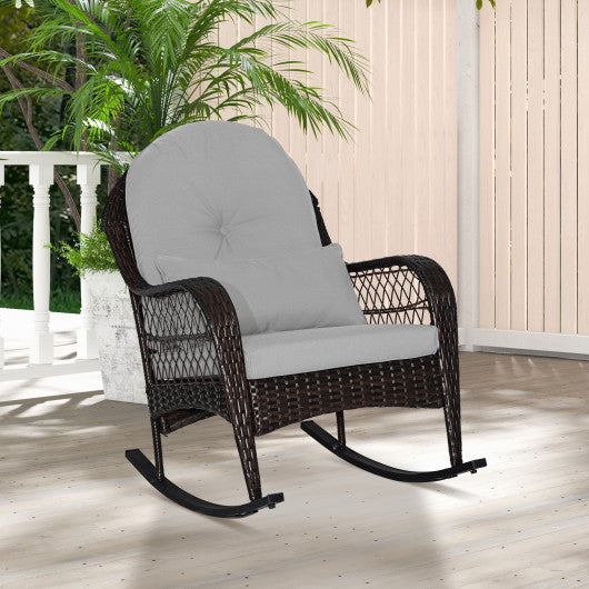Patio Rattan Rocking Chair with Seat Back Cushions and Waist Pillow-Gray