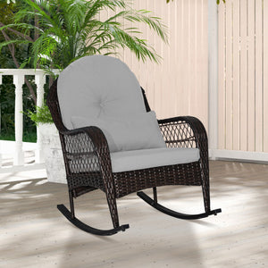 Patio Rattan Rocking Chair with Seat Back Cushions and Waist Pillow-Gray
