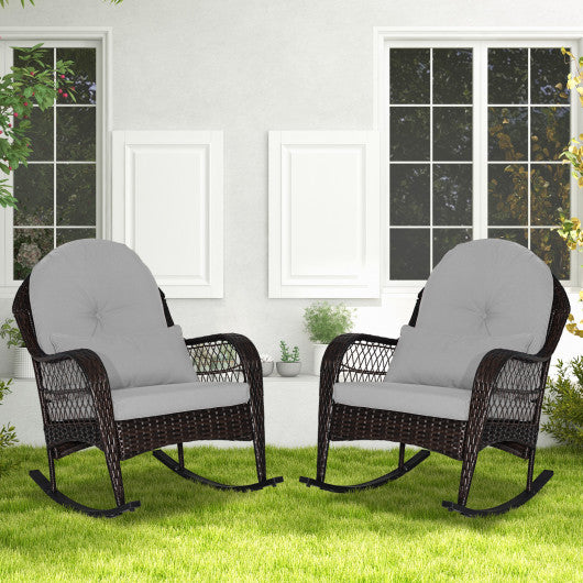 Patio Rattan Rocking Chair with Seat Back Cushions and Waist Pillow-Gray