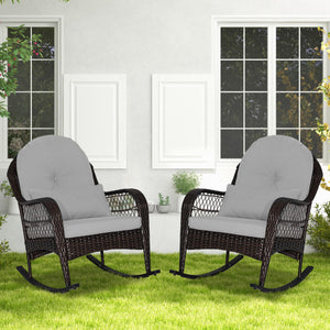 Patio Rattan Rocking Chair with Seat Back Cushions and Waist Pillow-Gray