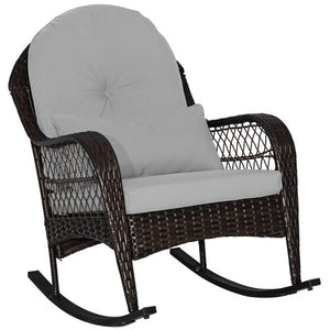 Patio Rattan Rocking Chair with Seat Back Cushions and Waist Pillow-Gray