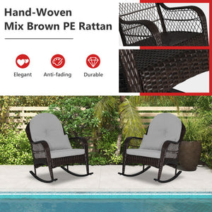 Patio Rattan Rocking Chair with Seat Back Cushions and Waist Pillow-Gray