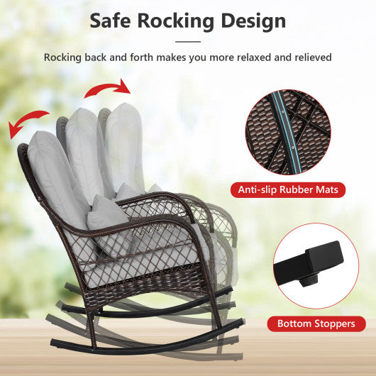Patio Rattan Rocking Chair with Seat Back Cushions and Waist Pillow-Gray