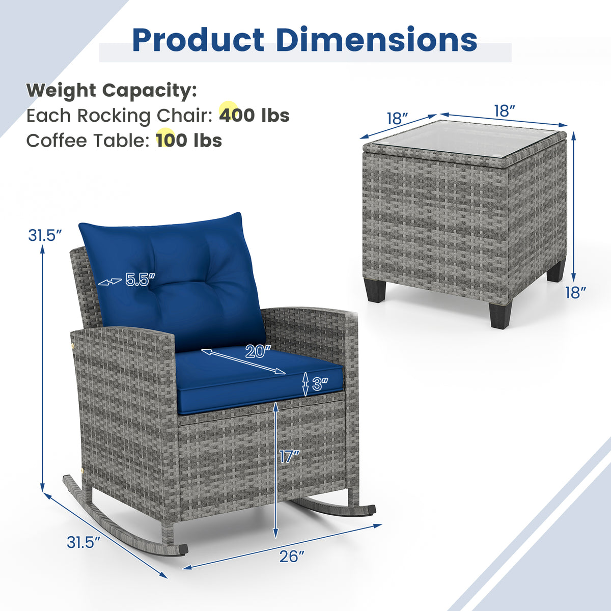 3-Piece Patio Rattan Roker Chairs with Tempered Glass Table and Soft Cushions-Dark Blue