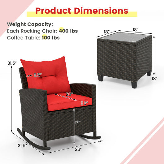 3-Piece Patio Rattan Roker Chairs with Tempered Glass Table and Soft Cushions-Red