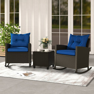 3-Piece Patio Rattan Roker Chairs with Tempered Glass Table and Soft Cushions-Navy
