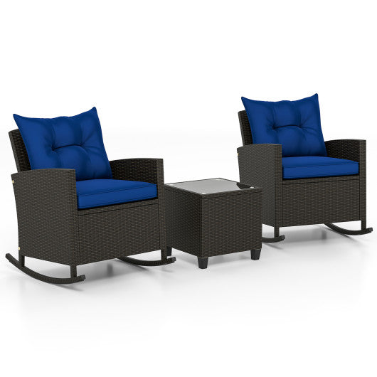 3-Piece Patio Rattan Roker Chairs with Tempered Glass Table and Soft Cushions-Navy