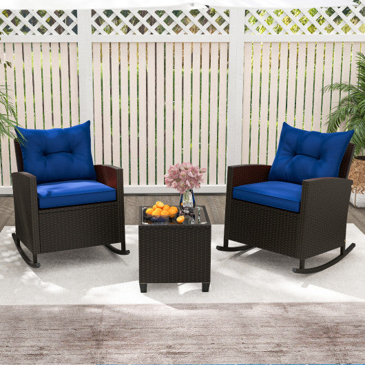 3-Piece Patio Rattan Roker Chairs with Tempered Glass Table and Soft Cushions-Navy