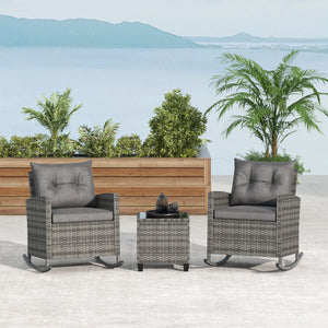 Patio Rattan Roker Chairs with Tempered Glass Table and Soft Cushions for Backyard  Poolside Porch-Gray