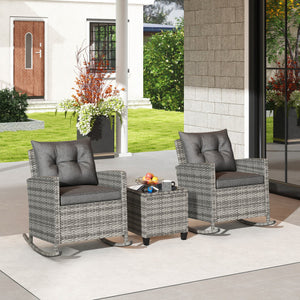 Patio Rattan Roker Chairs with Tempered Glass Table and Soft Cushions for Backyard  Poolside Porch-Gray