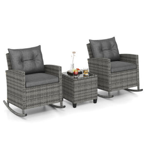 Patio Rattan Roker Chairs with Tempered Glass Table and Soft Cushions for Backyard  Poolside Porch-Gray