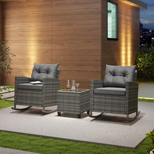Patio Rattan Roker Chairs with Tempered Glass Table and Soft Cushions for Backyard  Poolside Porch-Gray
