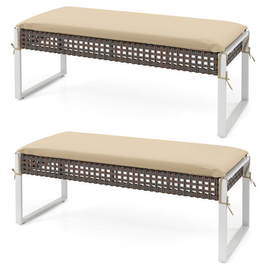 43 Inch Patio Rectangle Ottoman Pack of 2 with Metal Legs and Seat Cushion-Beige