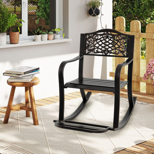 Patio Rocking Chair with Footrest and Curved Armrests-Brown