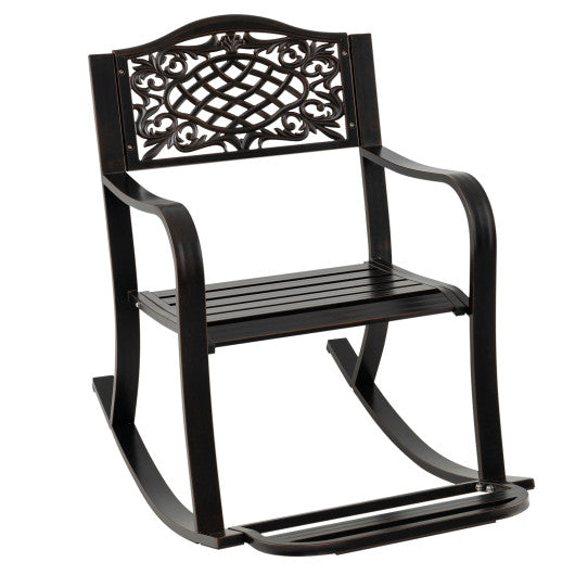 Patio Rocking Chair with Footrest and Curved Armrests-Brown