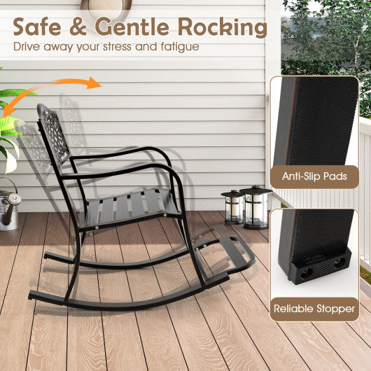Patio Rocking Chair with Footrest and Curved Armrests-Brown