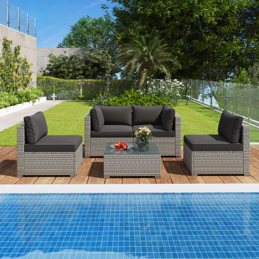 5-Piece Outdoor Patio Sectional Sofa Couch and Glass Coffee Table with Cushions-Black