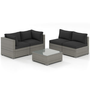 5-Piece Outdoor Patio Sectional Sofa Couch and Glass Coffee Table with Cushions-Black