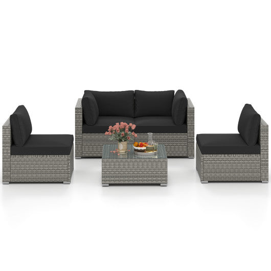 5-Piece Outdoor Patio Sectional Sofa Couch and Glass Coffee Table with Cushions-Black