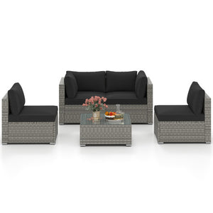5-Piece Outdoor Patio Sectional Sofa Couch and Glass Coffee Table with Cushions-Black