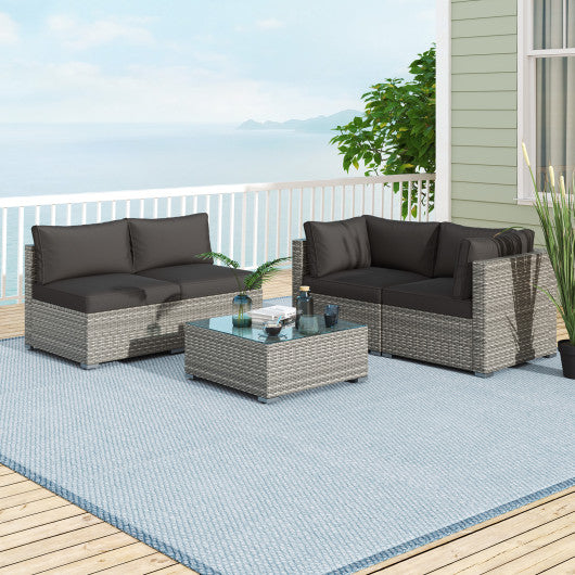 5-Piece Outdoor Patio Sectional Sofa Couch and Glass Coffee Table with Cushions-Black
