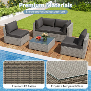 5-Piece Outdoor Patio Sectional Sofa Couch and Glass Coffee Table with Cushions-Black