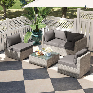 5-Piece Outdoor Patio Sectional Sofa Couch and Glass Coffee Table with Cushions-Gray