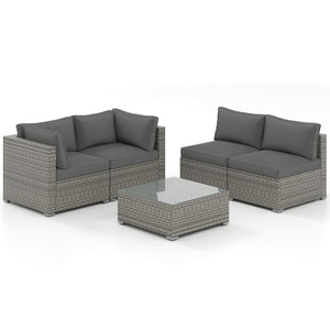 5-Piece Outdoor Patio Sectional Sofa Couch and Glass Coffee Table with Cushions-Gray