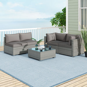 5-Piece Outdoor Patio Sectional Sofa Couch and Glass Coffee Table with Cushions-Gray