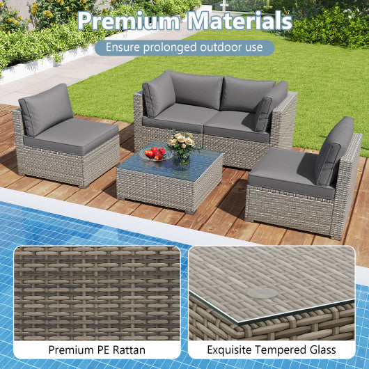 5-Piece Outdoor Patio Sectional Sofa Couch and Glass Coffee Table with Cushions-Gray