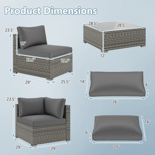 5-Piece Outdoor Patio Sectional Sofa Couch and Glass Coffee Table with Cushions-Gray