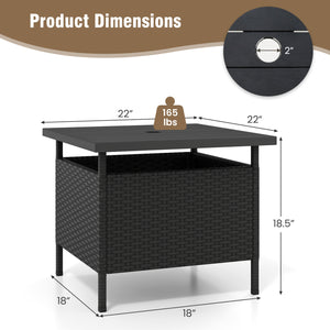 Patio Square Wicker Side Table with Umbrella Hole for Yard-Black