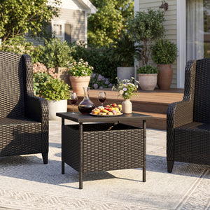 Patio Square Wicker Side Table with Umbrella Hole for Yard-Black