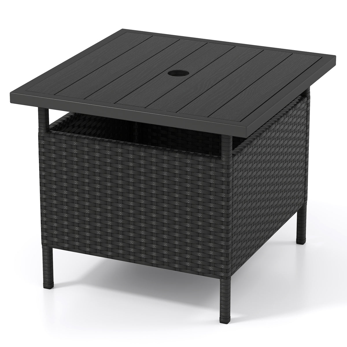 Patio Square Wicker Side Table with Umbrella Hole for Yard-Black