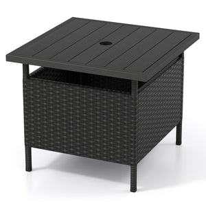 Patio Square Wicker Side Table with Umbrella Hole for Yard-Black