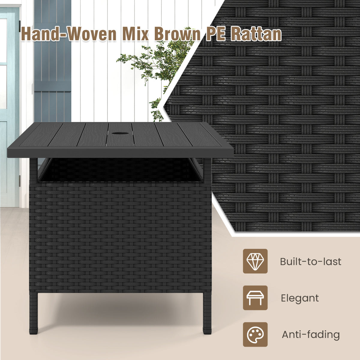 Patio Square Wicker Side Table with Umbrella Hole for Yard-Black