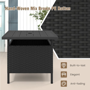 Patio Square Wicker Side Table with Umbrella Hole for Yard-Black