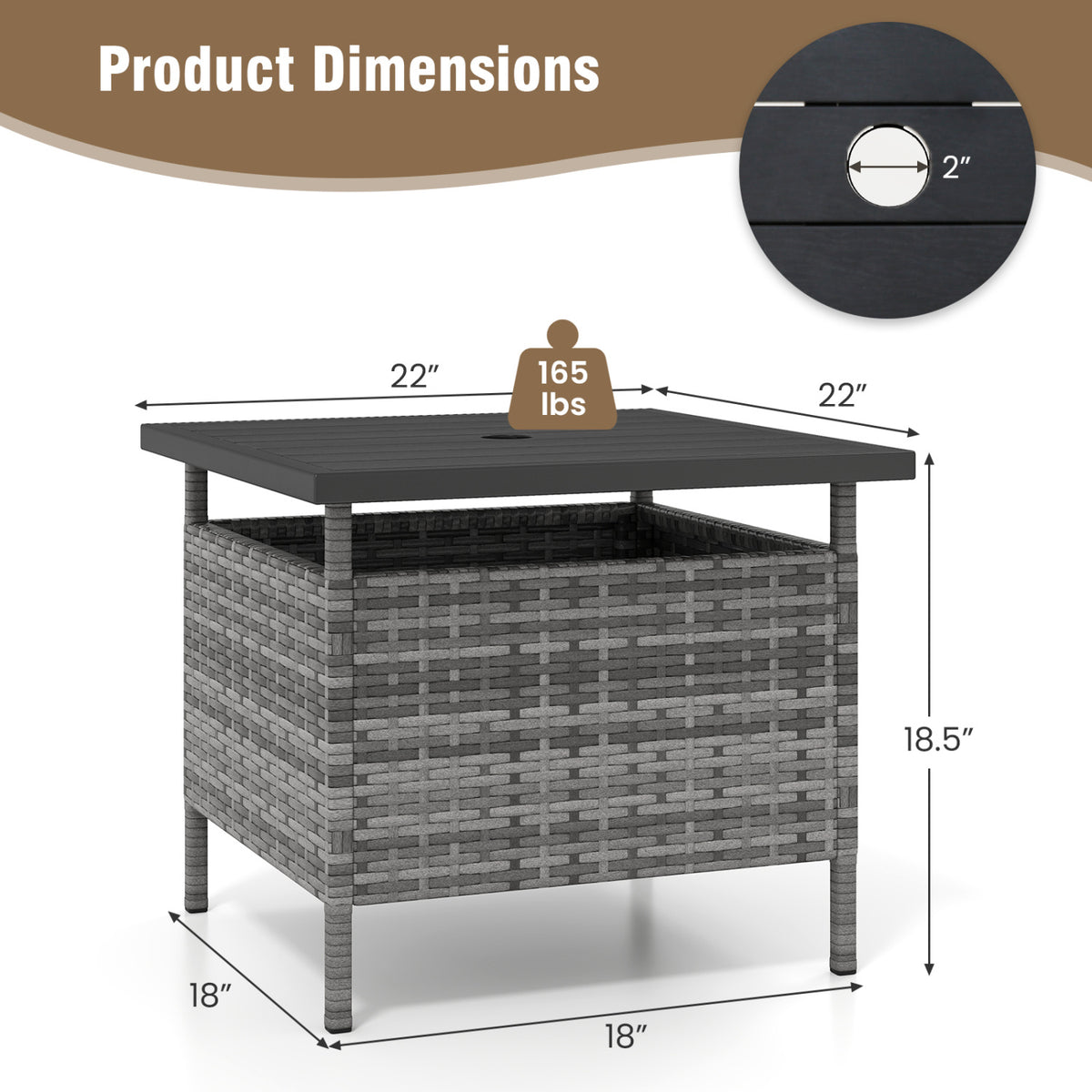 Patio Square Wicker Side Table with Umbrella Hole for Yard-Gray
