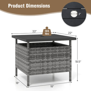 Patio Square Wicker Side Table with Umbrella Hole for Yard-Gray