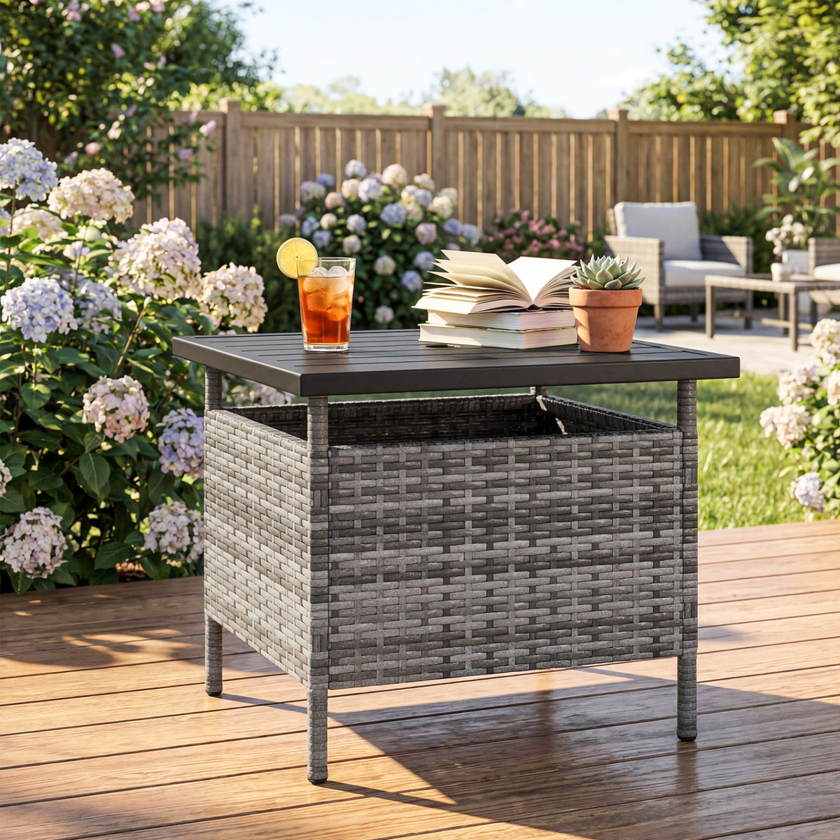 Patio Square Wicker Side Table with Umbrella Hole for Yard-Gray