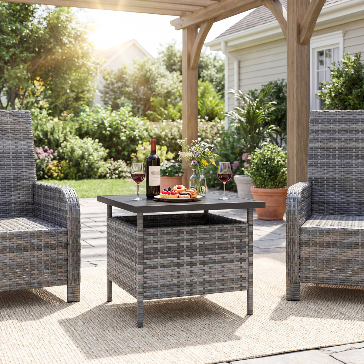 Patio Square Wicker Side Table with Umbrella Hole for Yard-Gray