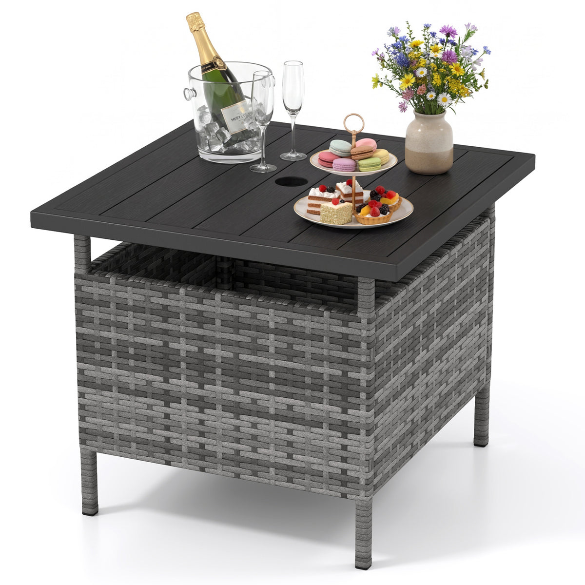 Patio Square Wicker Side Table with Umbrella Hole for Yard-Gray
