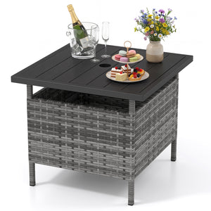 Patio Square Wicker Side Table with Umbrella Hole for Yard-Gray