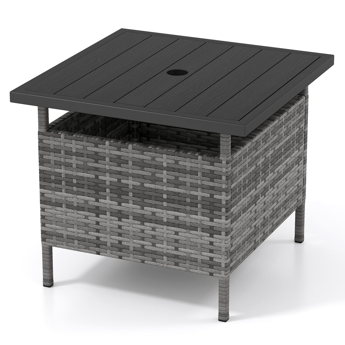 Patio Square Wicker Side Table with Umbrella Hole for Yard-Gray