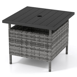 Patio Square Wicker Side Table with Umbrella Hole for Yard-Gray