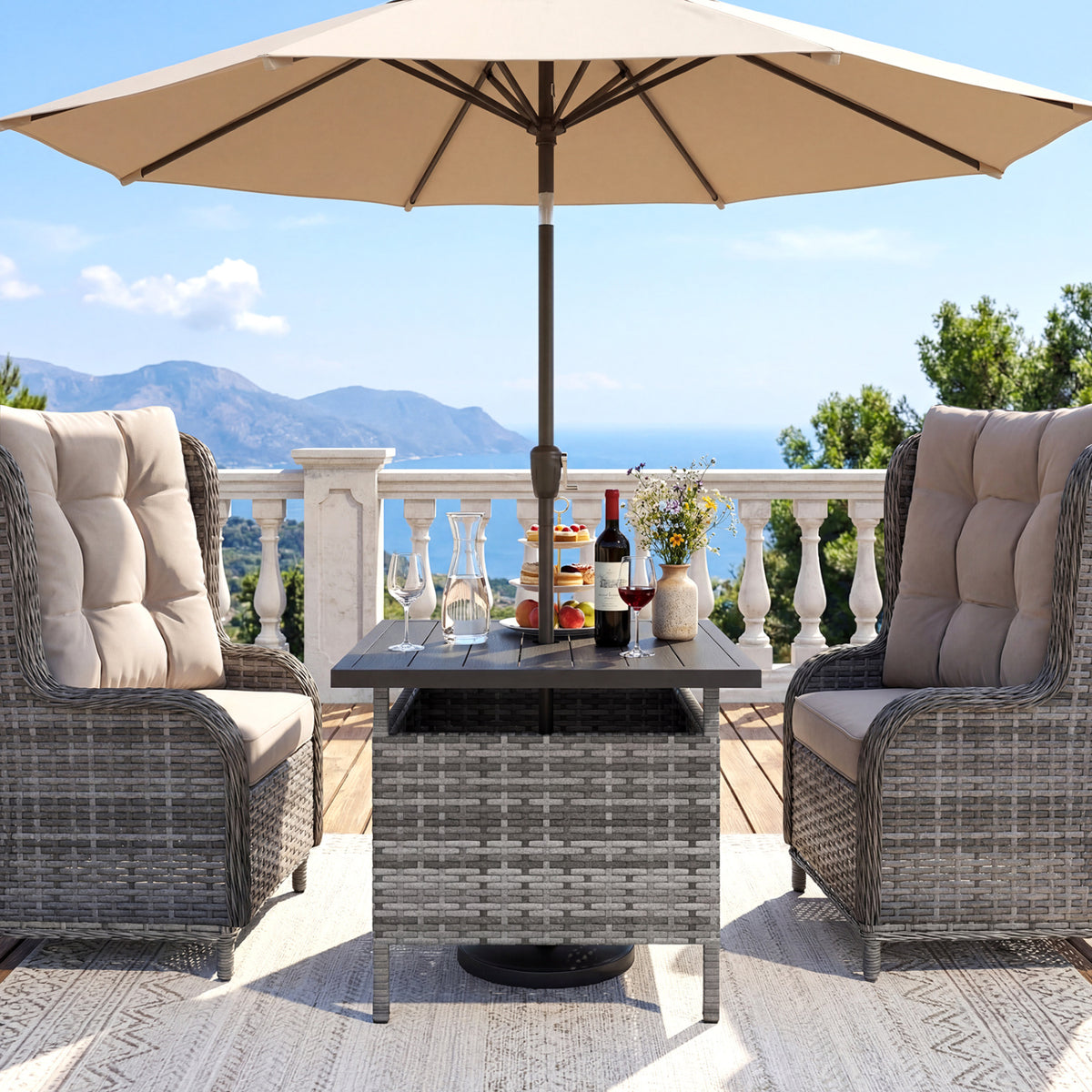 Patio Square Wicker Side Table with Umbrella Hole for Yard-Gray